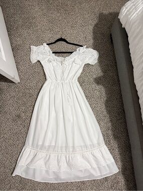 EARTHBOUND White Eyelet Midi Dress with Puff Sleeves and Ruffle Hem